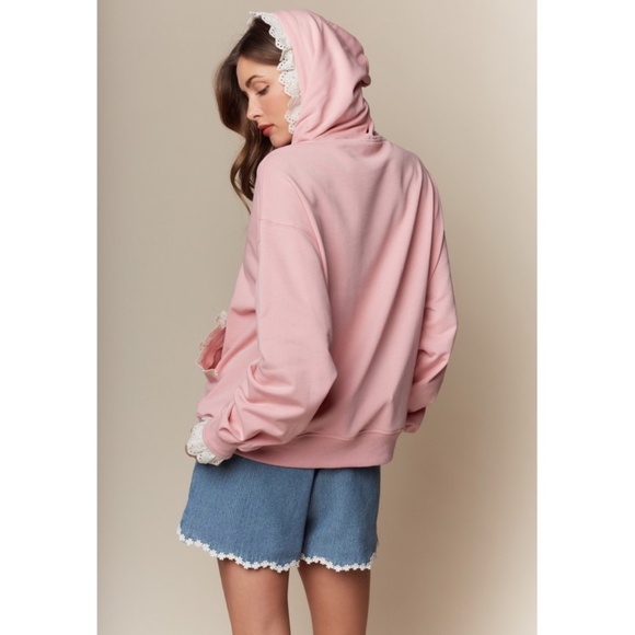 "The Paige" Pink Lace Trim Heart Hoodie - Picture 2 of 4